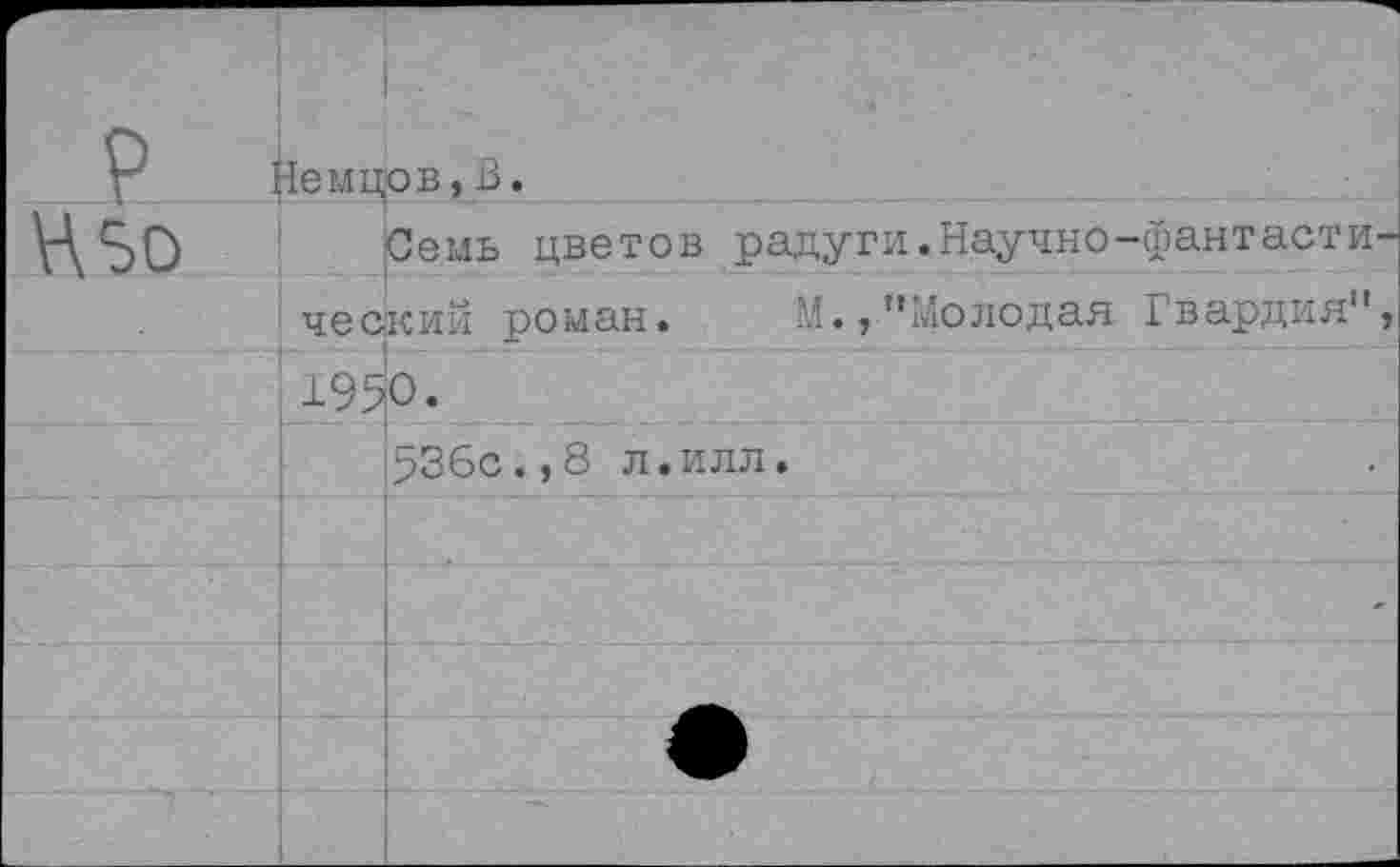 ﻿ИЛО
Немцов,В.
Семь цветов радуги.Научно-фантасти ческий роман. М.,"Молодая Гвардия" ±950.
536с.,8 л.илл.